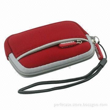 Digital camera bag, neoprene, front pocket for extra storage, carrying handle and card packaging